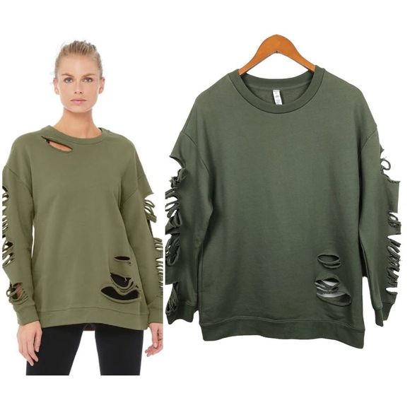 ALO Yoga Sweaters - SOLD Alo Yoga | Fade Distressed Long Sleeve Pullover in Jungle French Terry